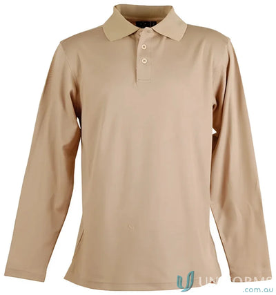 Tan long-sleeved polo shirt from Winning Spirit Victory TrueDry LS Polo with cotton backing