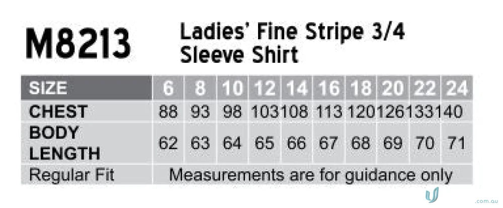 Ladies shirt size chart for Winning Spirit womens fine stripe 3Qtr shirt