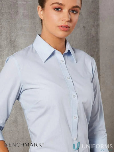 Light blue womens fine stripe 3Qtr Shirt from Winning Spirit for a casual look