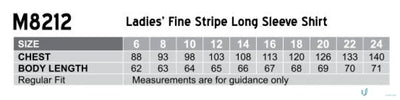 Women’s fine stripe long sleeve shirt size chart for the Winning Spirit Womens Fine Stripe LS Shirt