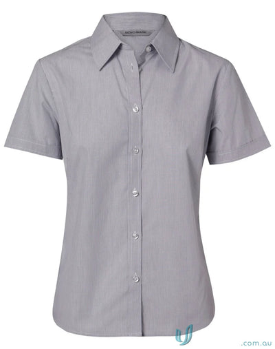 Gray striped womens fine stripe short sleeve shirt from Winning Spirit for women