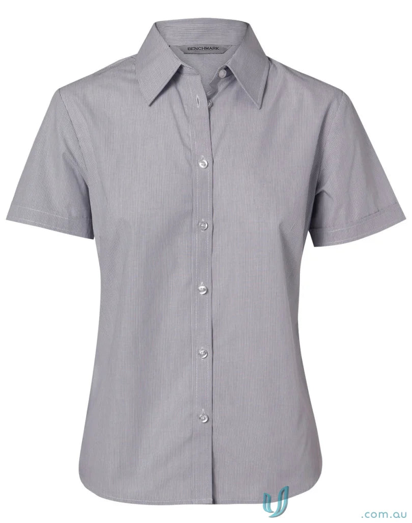 Gray striped womens fine stripe short sleeve shirt from Winning Spirit for women