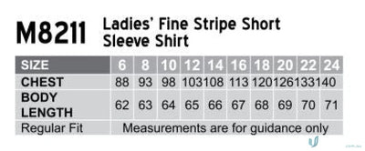 Ladies shirt size chart for Winning Spirit Womens Fine Stripe Short Sleeve Shirt