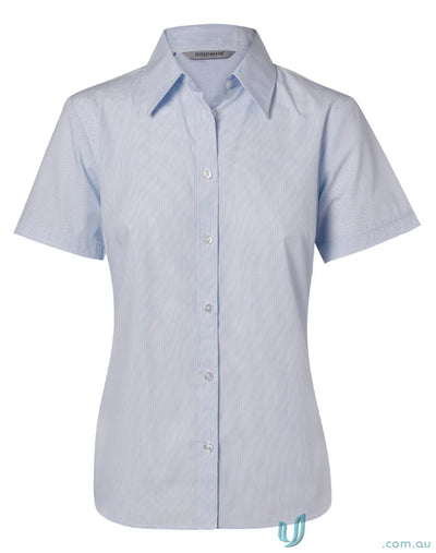 Light blue womens fine stripe short sleeve shirt from Winning Spirit for a casual look