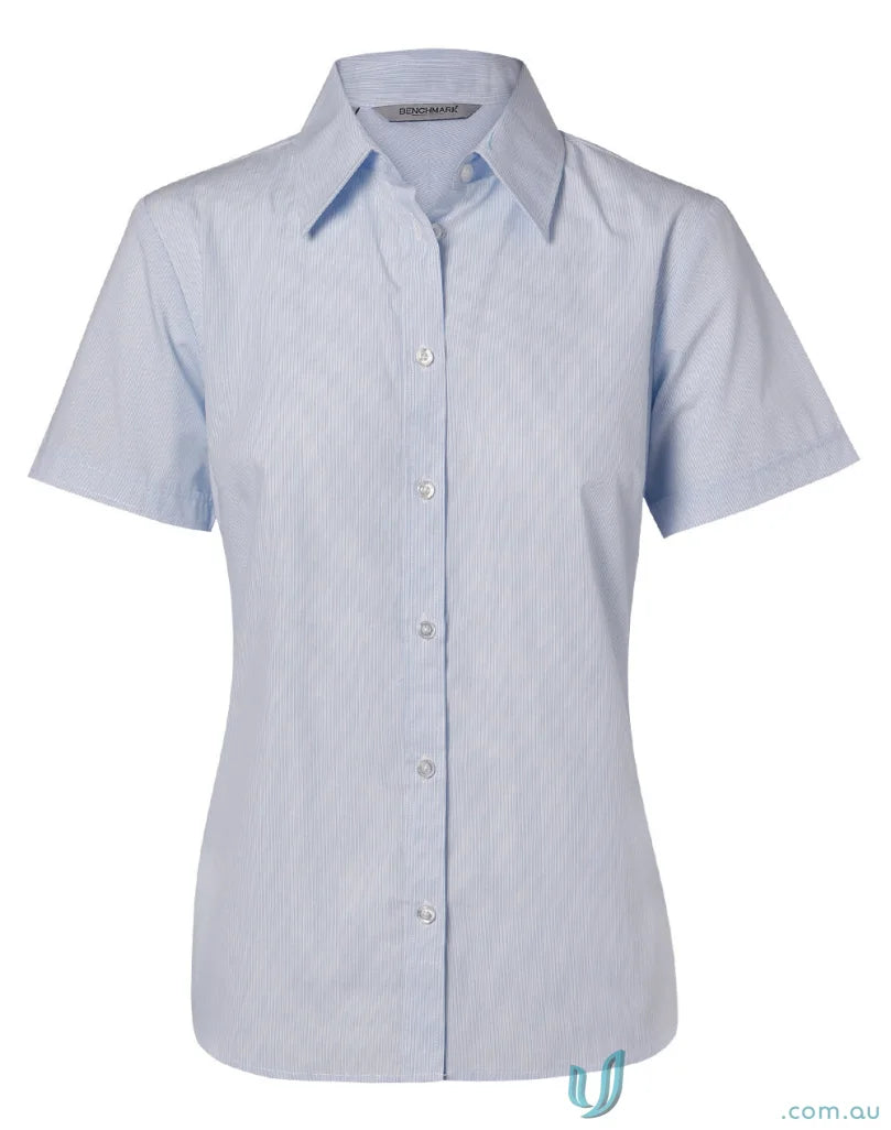 Light blue womens fine stripe short sleeve shirt from Winning Spirit for a casual look