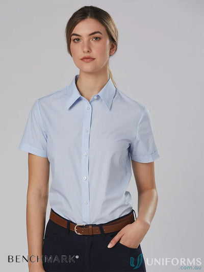 Light blue womens fine stripe short sleeve shirt from Winning Spirit, casual and stylish
