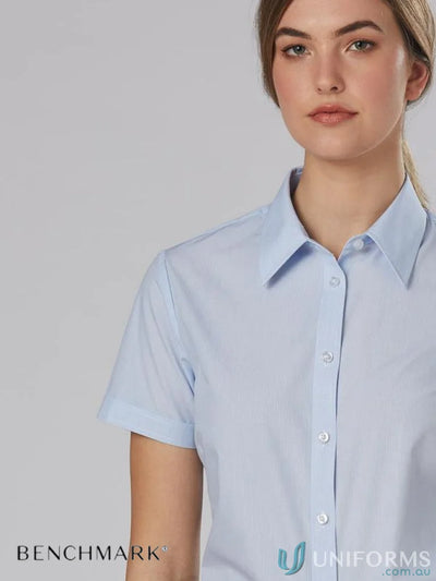 Light blue womens fine stripe short sleeve shirt from Winning Spirit for a stylish look
