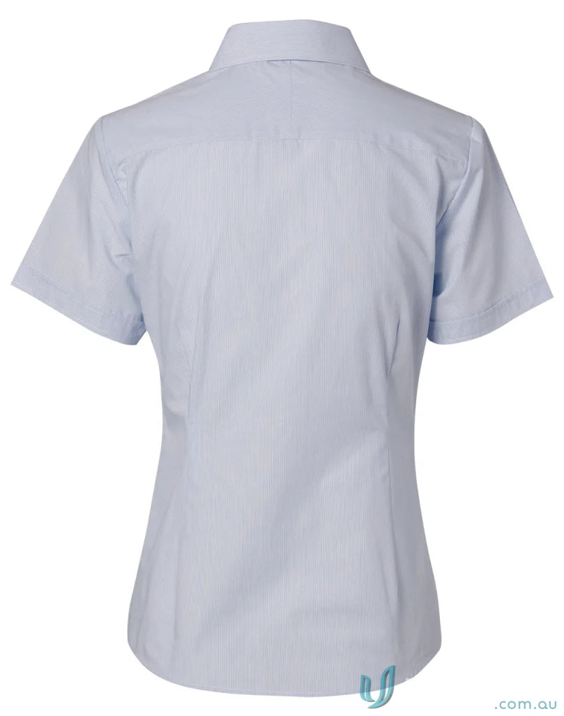 Light blue womens fine stripe short sleeve shirt from Winning Spirit showcasing stylish design