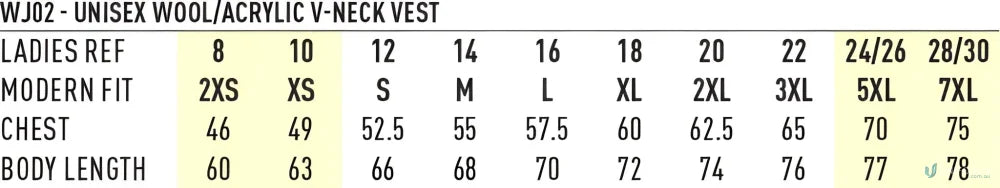Unisex wool acrylic V-neck vest size chart for Winning Spirit Wool Acrylic Knit Vest
