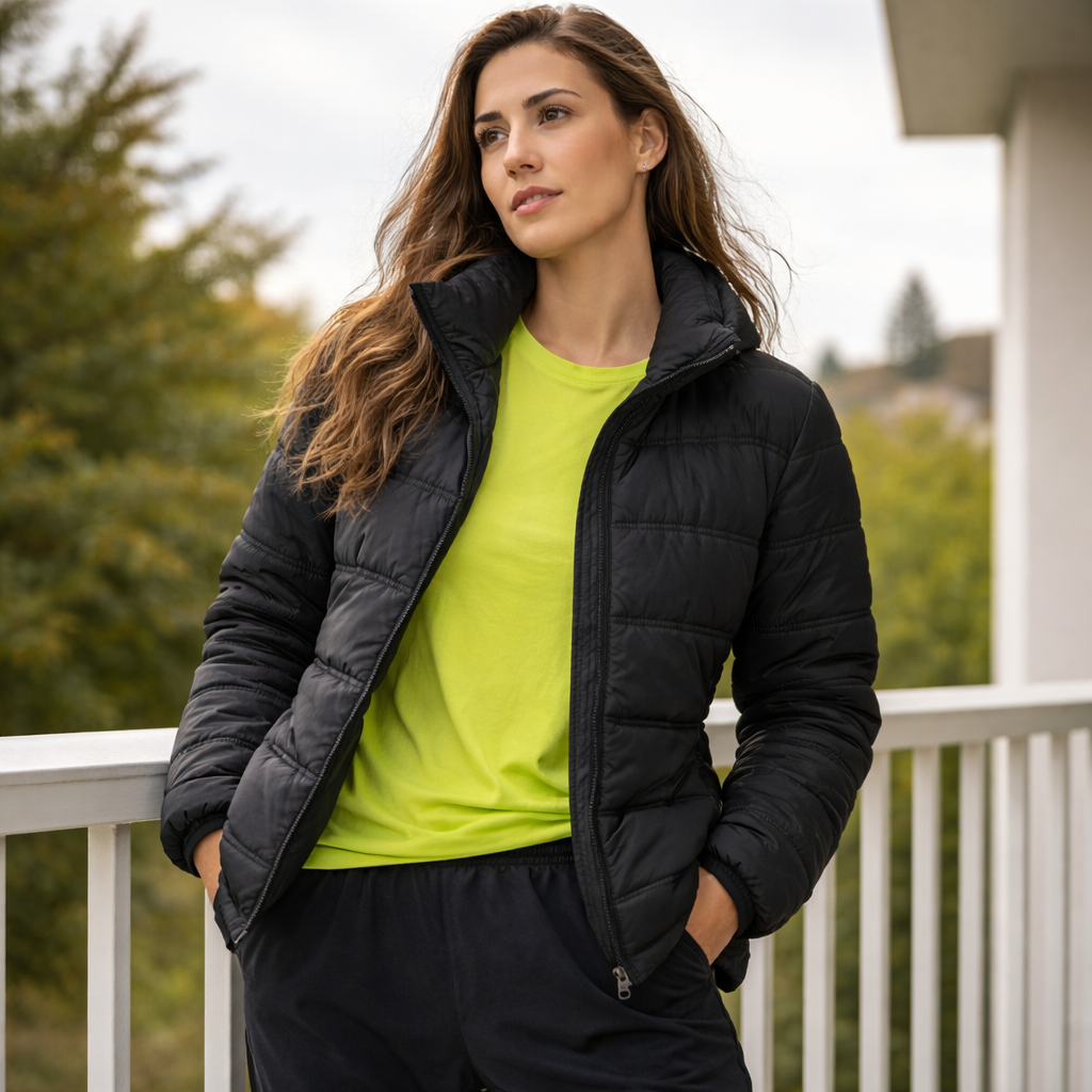 Black quilted puffer jacket with warm insulation ideal for workwear and durable work uniforms