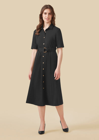 Womens Adele midi dress: black button-down with fitted waist, gold belt buckle