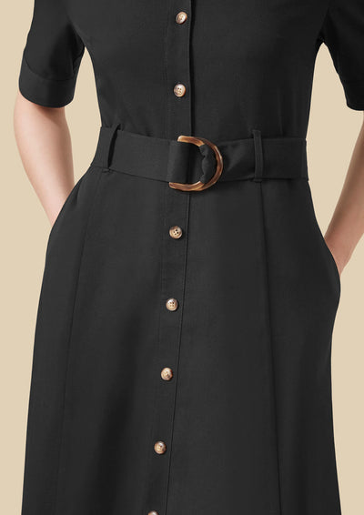 Womens Adele midi dress: black button-down with gold buttons, bronze D-ring belt