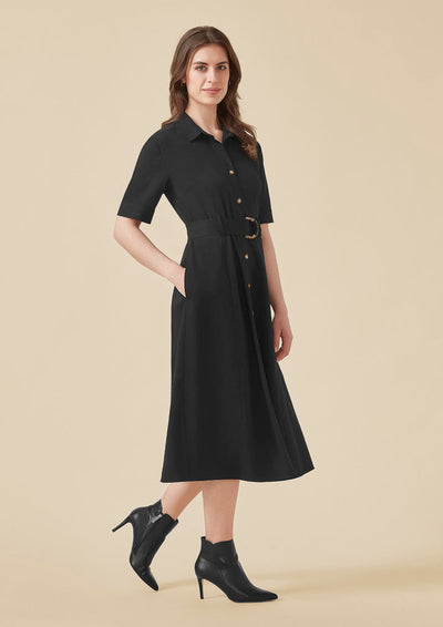 Womens Adele midi dress: black short-sleeved button-down with belt
