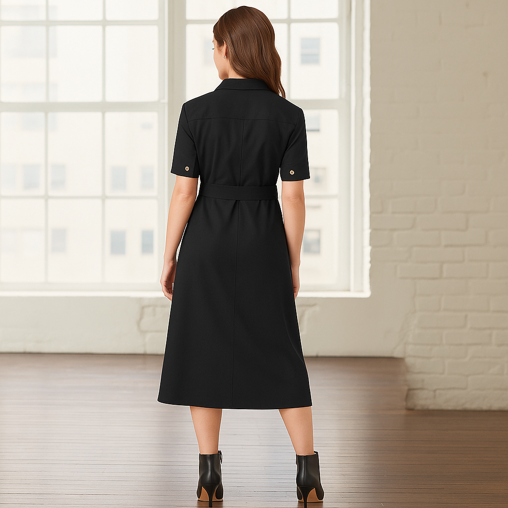 Womens Adele midi dress: black short-sleeved with collar and belt