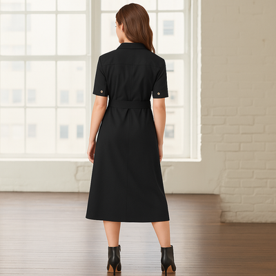 Womens Adele midi dress: black short-sleeved with collar and belt