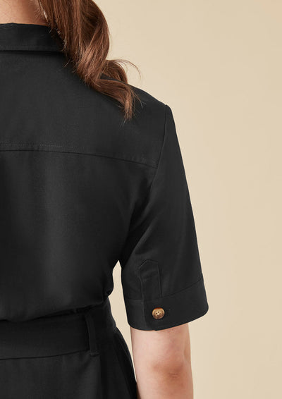 Womens Adele midi dress black short sleeve shirt with gold cuff button