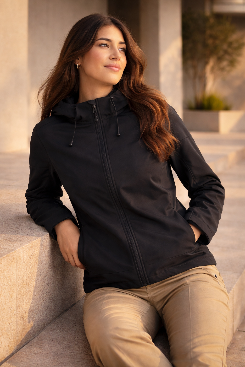 Womens Atlas Jacket: black zip-up hooded jacket in breathable fabric