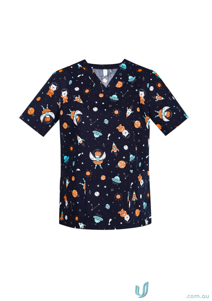 Space-themed printed best friends scrub top perfect for workday feels overwhelming