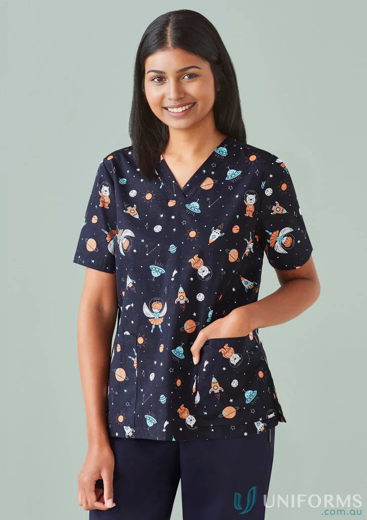 Space-themed printed best friends scrub top perfect for workday feels overwhelming