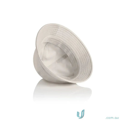 Light-colored plain brim bucket hat with reinforced short brim for style and durability