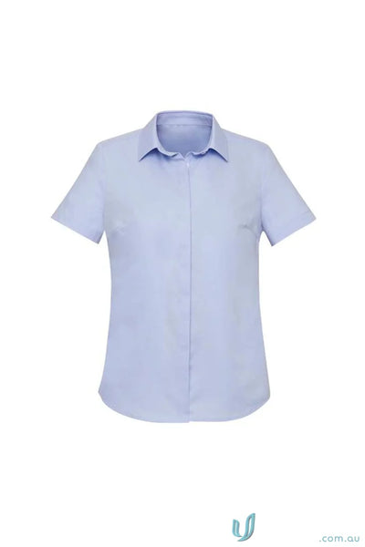 Light blue women’s Charlie SS Shirt with hidden bust for a cool, comfy look