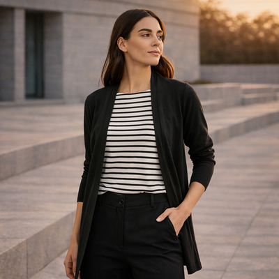 Womens Chelsea long line cardigan, black open-front over striped top