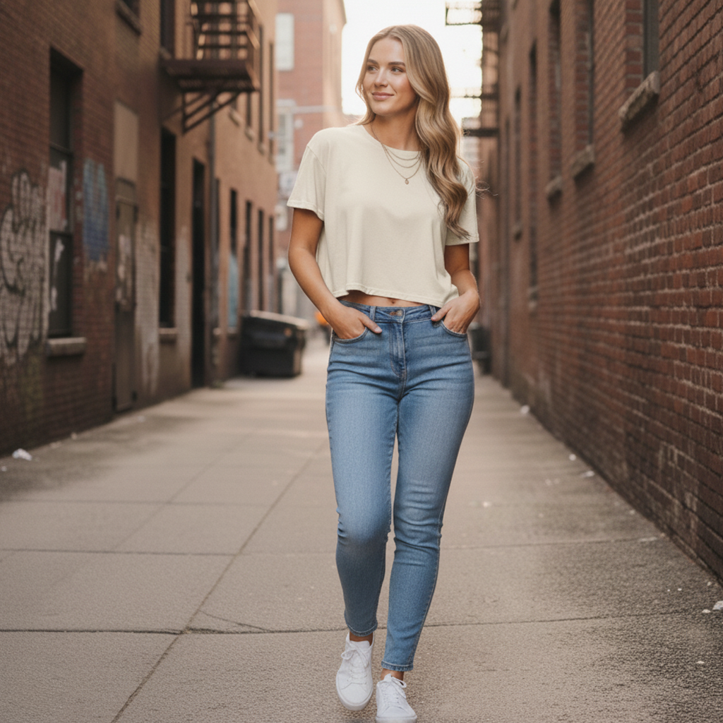 A woman wearing a cream-colored classic cropped tee and light-wash jeans suitable for casual workwear or uniforms