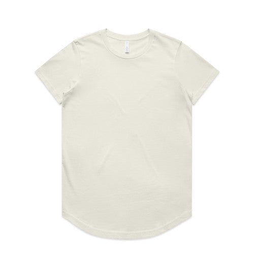 Cream-colored t-shirt with a curved hem and short sleeves.