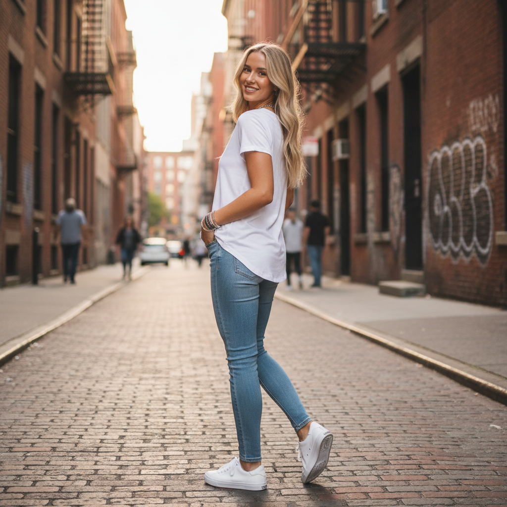 White t-shirt with blue jeans and white sneakers.