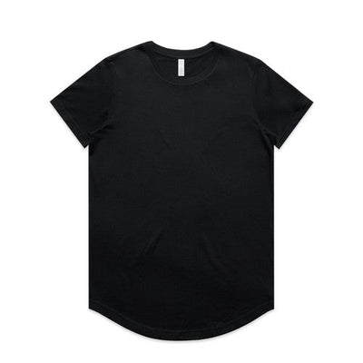 Black longline t-shirt with curved hem and short sleeves.