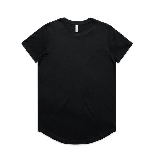 Black longline t-shirt with curved hem and short sleeves.