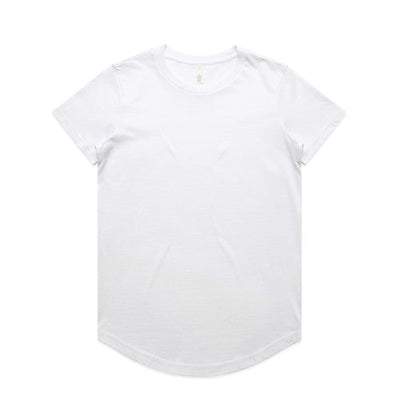 White t-shirt with ruffled sleeves and hem, likely made of cotton or polyester blend.