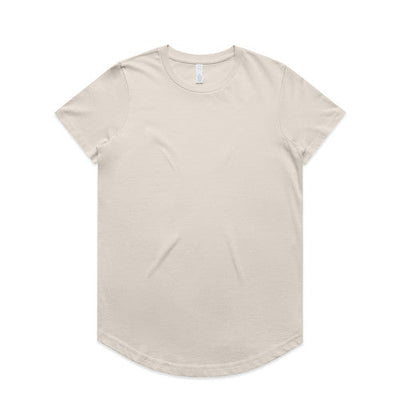 Beige short-sleeved t-shirt with a relaxed fit and curved hem.