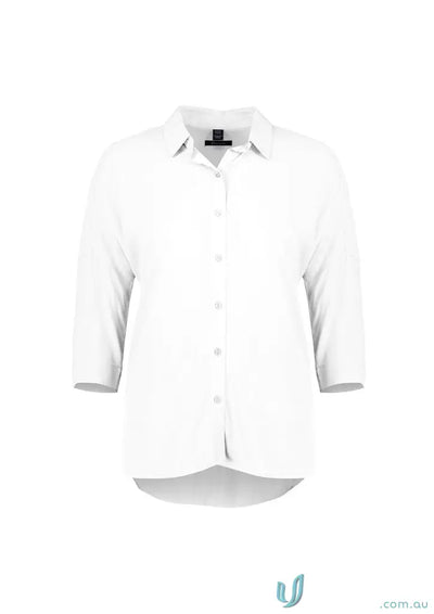 Womens Dahlia 3Q Sleeve Blouse featuring a white button-down design with three-quarter sleeves