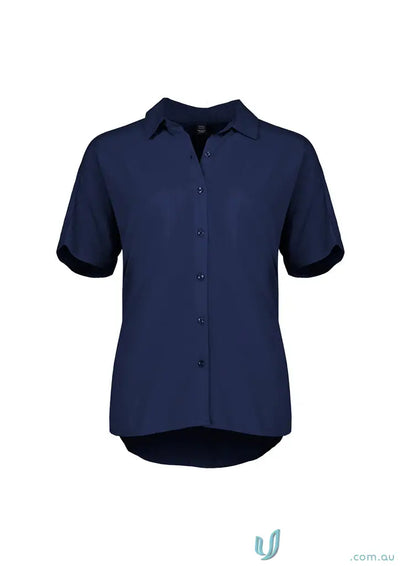 Navy blue women’s Dahlia short sleeve blouse with collared neckline, effortlessly elegant style