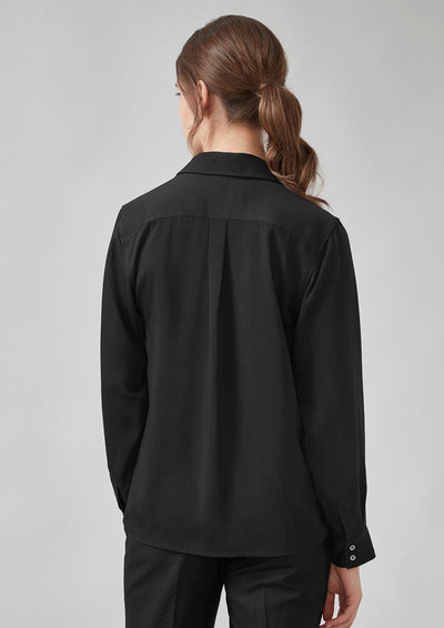 Back view of Womens Evelyn Long Sleeve Shirt in black with pleats