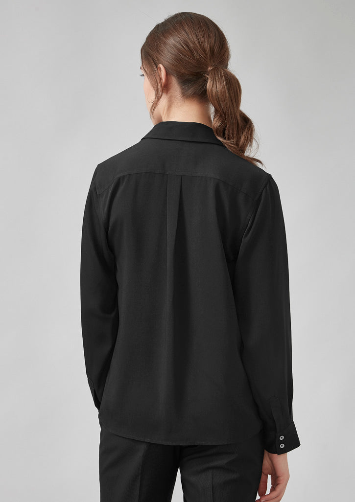 Back view of Womens Evelyn Long Sleeve Shirt in black with pleats