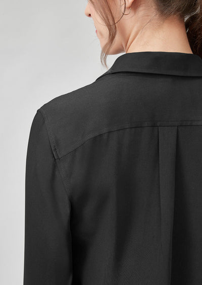 Back view of Womens Evelyn Long Sleeve Shirt in black with pleats