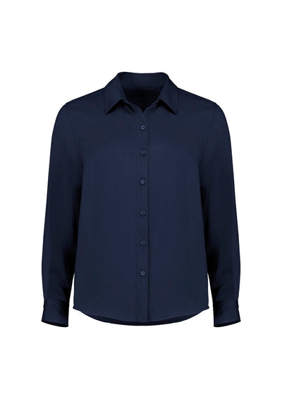 Sleek navy Evelyn long sleeve shirt with modesty bust buttons