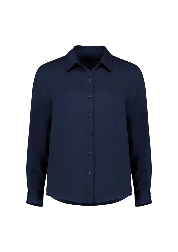 Sleek navy Evelyn long sleeve shirt with modesty bust buttons