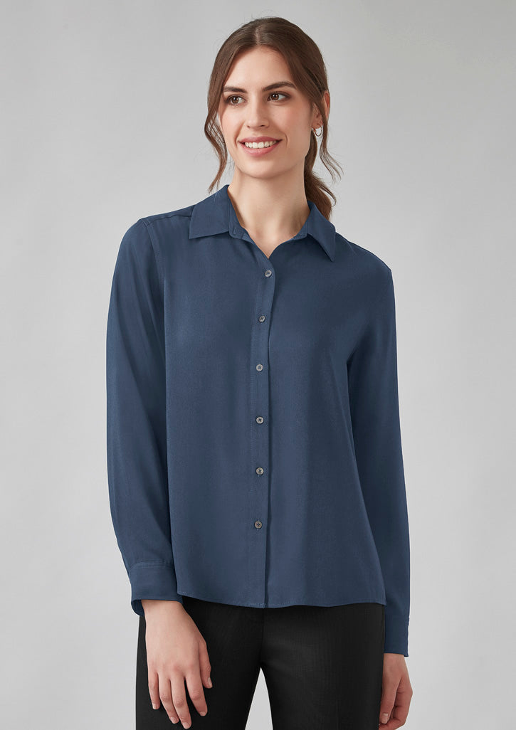 Sleek navy blue Evelyn long sleeve shirt with modesty bust buttons