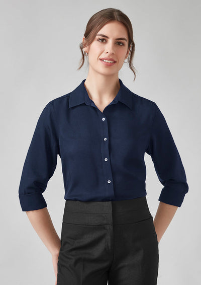 Womens Evelyn long sleeve navy shirt with rolled cuffs and classic collar