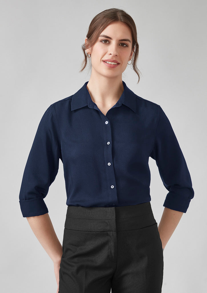 Womens Evelyn long sleeve navy shirt with rolled cuffs and classic collar