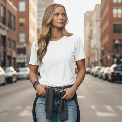 White crew neck t-shirt with black trim and pocket detail.