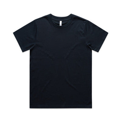 Black crew neck t-shirt with short sleeves and a simple design.