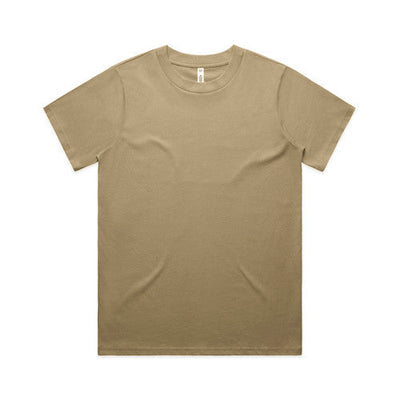 Beige crew neck t-shirt with short sleeves and a simple design.