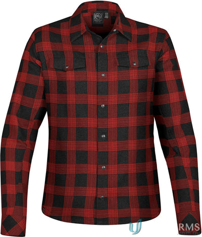 Red and black buffalo plaid women’s shirt with chest pockets and snap closures for uniforms