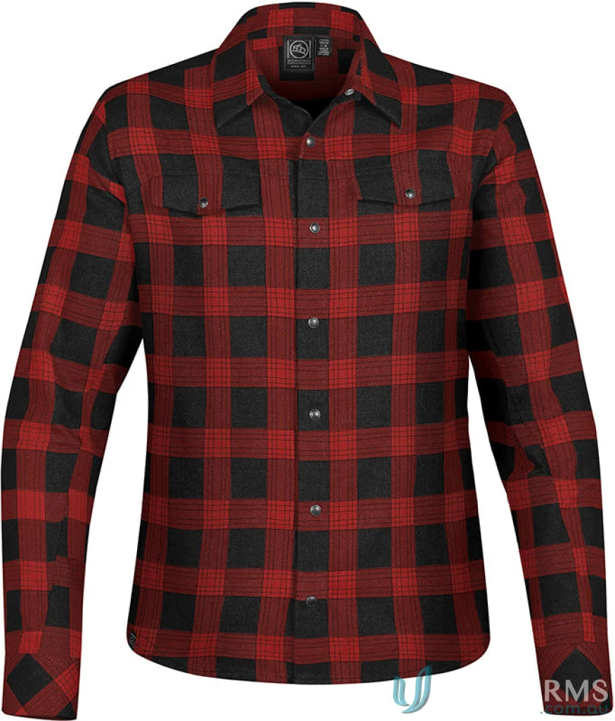 Red and black buffalo plaid women’s shirt with chest pockets and snap closures for uniforms
