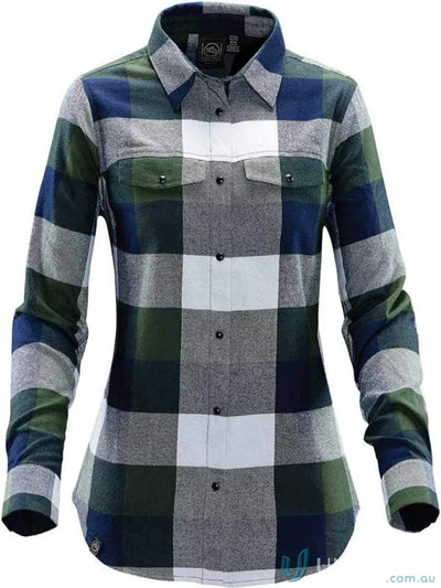 Womens Logan Snap Front Shirt with plaid pattern, chest pockets, and snap closures