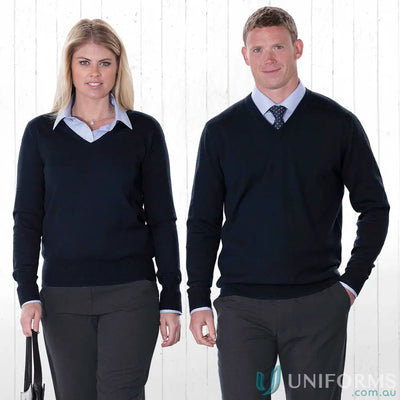 Women wearing navy blue merino wool pullover with 1x1 rib for stylish uniforms
